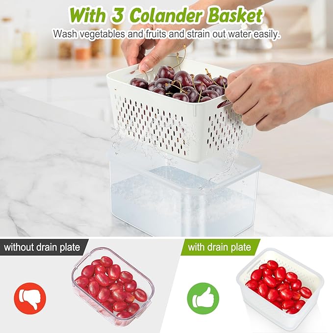 3 Pack Fridge Berry Storage Container with Lids with Strainer, Plastic Fresh Produce Saver Keeper for Vegetable Fruit Meat Lettuce, BPA Free Kitchen Refrigerator Organization (3.15L+1.7L+0.8L)