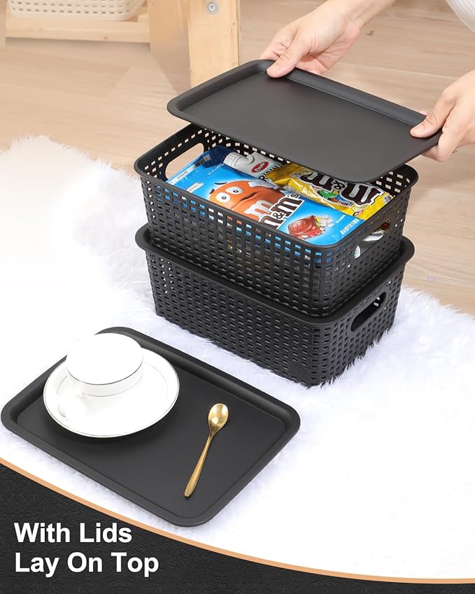 AREYZIN Storage Bins Plastic Storage Baskets With Lid Small Baskets for Organizing Stackable Storage Container Organizer Bins for Shelves Drawers Desktop Playroom Classroom Office, 6 Pack,Black