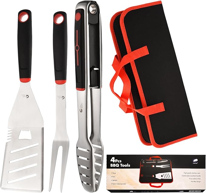 BBQ Tools Set, Heavy Duty Stainless Steel Spatula, Fork & Tongs with Portable Bag, Essential Accessories for Barbecue Outdoor Grill, Grilling Gifts for Men Dad Camp Chef