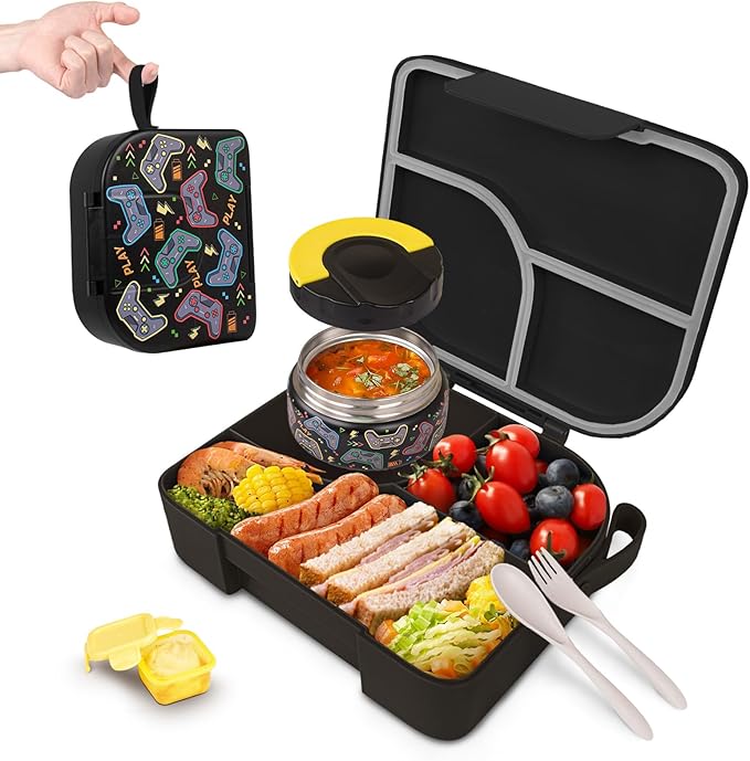 TinyPalsa Bento Box for Kids with 10oz Thermos, Durable Lunch Box with Leak Proof Insulated Food Jar, 3 Compartments with Portable Handle for Ages 3+, Dishwasher Safe, Ideal for School, Travel (Game)