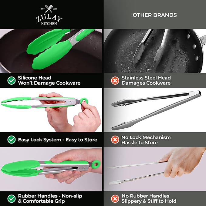 Zulay Stainless Steel Kitchen Tongs with Silicone Tips - Set of 2 (9” & 12”) Locking Cooking Tongs with Non-Slip Grip - Heat Resistant, BBQ Food Tongs for Non-Stick Cooking Pans (Silver/Light Green)