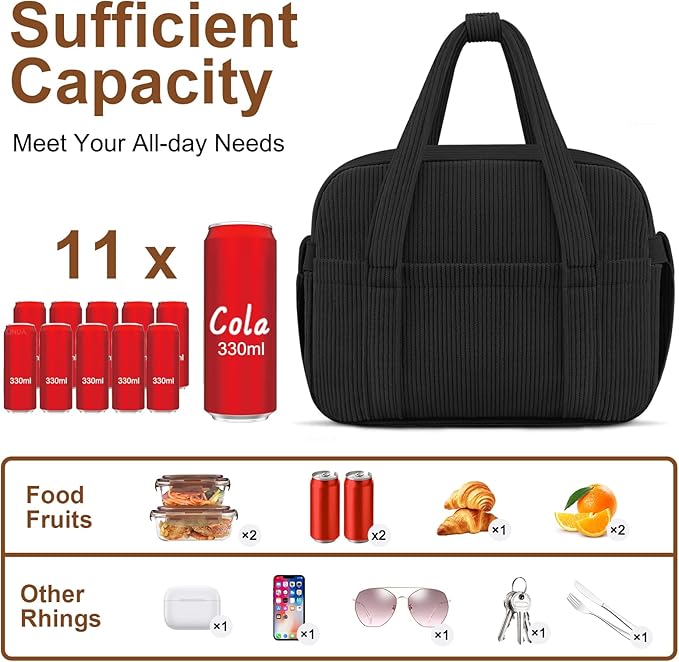 Corduroy Lunch Box Lunch Bag for Women Men, Cute Strawberry Small Insulated Reusable Work Leakproof Simple Lunch Boxes Tote Bag Adults Cooler Bag
