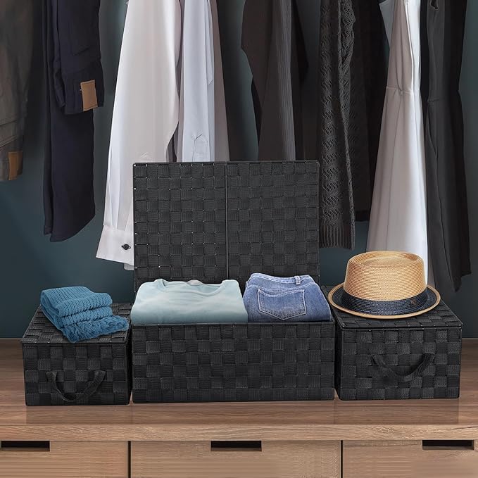 Sorbus Set of 3 Hand-Woven Storage Baskets with Lids – Mesh Design Organizers for Closet, Shelves, and Home Storage (Black)