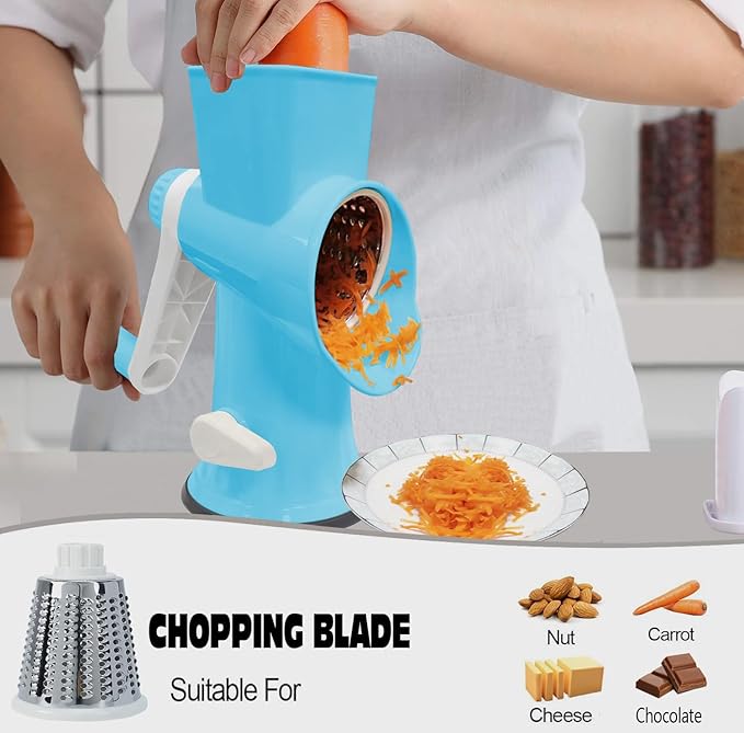 Cheese Grater MultiFunction Rotary Cheese Grater Hand Crank – Cheese Shredder Effortlessly Shred,Slice,Chop.Applicable to Cheese, Vegetables,Fruits,Nuts,Non-Slip Suction Base,Easy to Clean (blue)