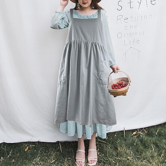Uaussi Cotton Linen Apron Cross Back Work Apron for Women with Pockets Pinafore Dress X Cross Halter Apron for Chef Gardening