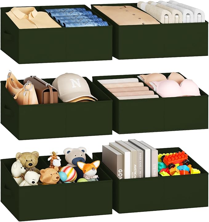 DIMJ Large Closet Shelf Organizer Bins 6 Packs with Handles and Divider, Fabric Trapezoid Storage Baskets, Foldable Clothes Containers Box for Shelf, Towel, Book, Toy, Purse, Hats, Green