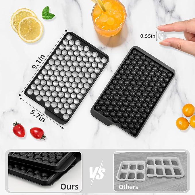 WIBIMEN Mini Ice Cube Trays, Small Tiny Round Pebble Crushed Nugget Ice Trays for Freezer with Lid - Chilling Drinks Coffee Juice(4 Pack/0.55In - Black)