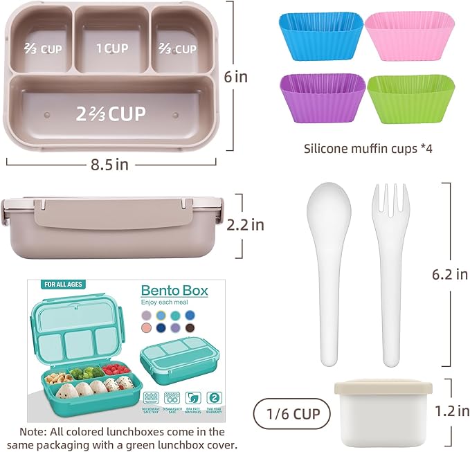 QQKO Bento Box Adult Lunch Box, Lunch Containers for Adults Men Women, Kids Lunch Boxes for School with 4 Compartments, Sauce Container, Utensils and Muffin Cups, Brown