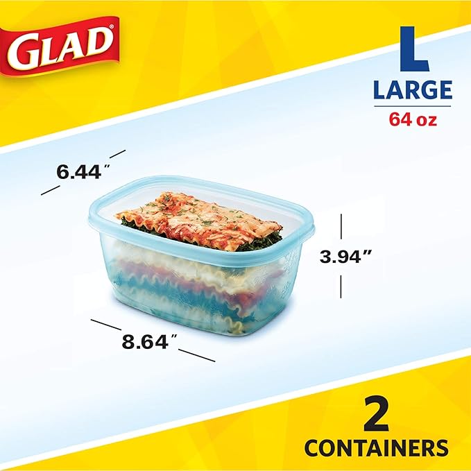 Gladware Freezerware Food Storage Containers, Large Rectangle Holds 64 Ounces of Food, 2 Count Set | Tupperware, Plastic Food Container, Meal Prep Container, Plastic Containers with Lids