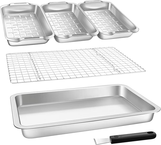 Grill Carry System, 6-Piece Stainless Steel Large Food Prep Tray, 16.5" x 11" Pan, Outdoor Grill with Cooling Rack for Vegetables, Fish, Meat, Great Grilling Gifts for Men
