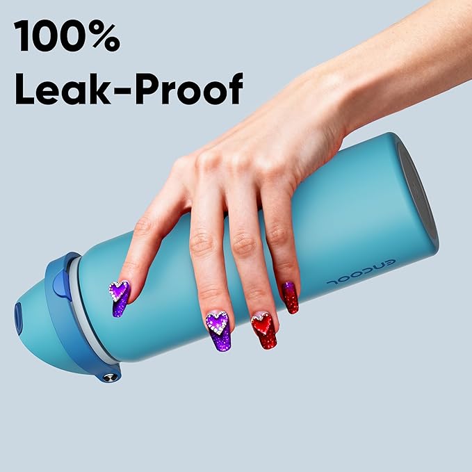 Insulated Water Bottle with Straw - Encool Stainless Steel Water Bottle with Push Button Lid, Leak-Proof & BPA-Free, Keeps Cold for 24 Hours for Sports, Travel, Gym (32 oz, Silk Blue)