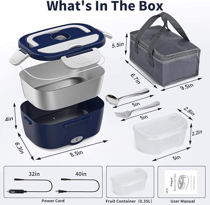 Vingud Electric Lunch Box Food Heater, 3 in 1 Heating Lunch Box for Work/Car/Truck, Heated Lunch Boxes for Adults with 1.5L Stainless Steel Container, 12V 24V 110V (Blue + White)