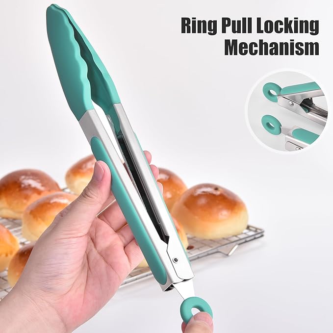 Doosu Kitchen Tongs for Cooking - 600°F Heat Resistant Food Tong Set with Non-Scratch Silicone Tips, Heavy Duty Stainless Steel Locking Tong for BBQ, Grilling Steak, Serving (7+9+12in, Aqua Sky)
