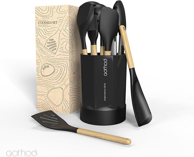 Silicone Cooking Utensils Set, 446°F Heat Resistant Silicone Kitchen Utensils for Nonstick Cookware, Kitchen Gadgets Spatula Set, Spoon, Turner, Tongs, Ladle, Whisk, BPA FREE (Black)