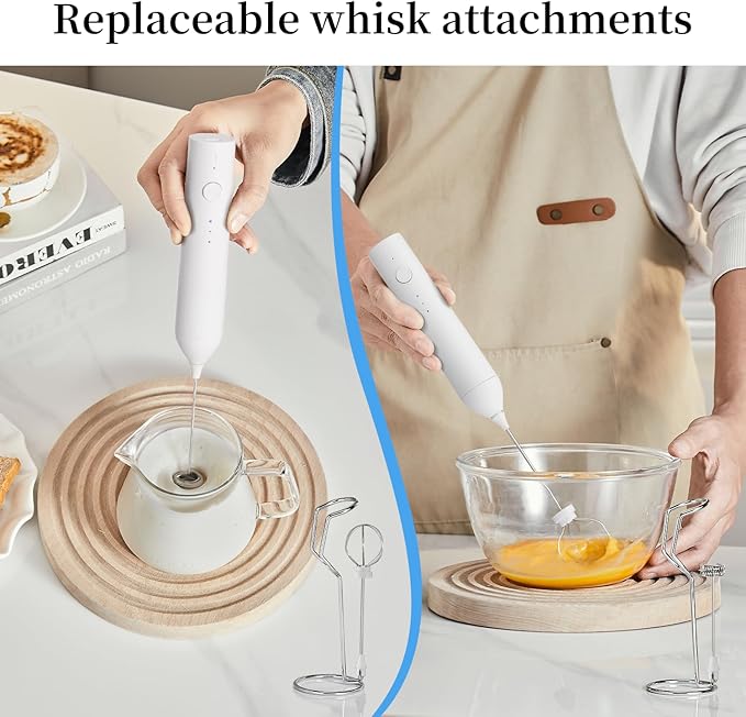 Rechargeable Milk Frother Set by ELMWAY, Electric Drink Blender with Wand and Egg Whisk, Foam Maker Mixer, Milk Frother Handled for Coffee, Latte, Matcha, Protein Powder (White with Stand)