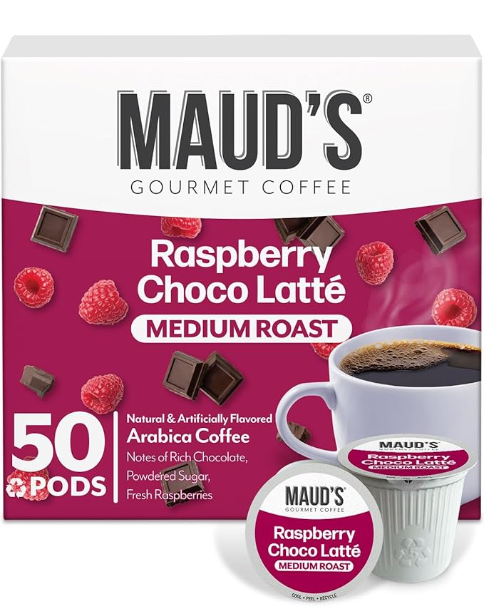 Maud's Raspberry Chocolate Flavored Coffee Pods, 50 ct, Medium Roast Flavored Coffee in Recyclable Single Serve Pods – 100% Arabica Beans, Compatible with Keurig K Cups Maker