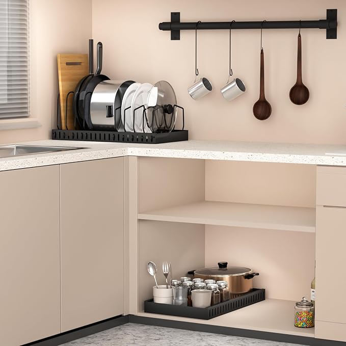 FLSEPAMB Pots and Pans Organizer for under Cabinet 2 Pack 10-Tier Pot Pull Out Cabinet Organizer Sliding Pot, Cabinet Pull Out Shelves with Two Types of Shelves for Pots, Lids, Bottles and Pans