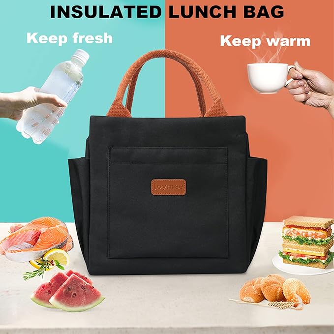 Joymee Lunch Bag Women Insulated Lunch Box Reusable Leakproof Large Spacious Cooler Tote for Women Men Adult with Bottle Holder and Side Pockets for Work Office Travel Picnic - Black