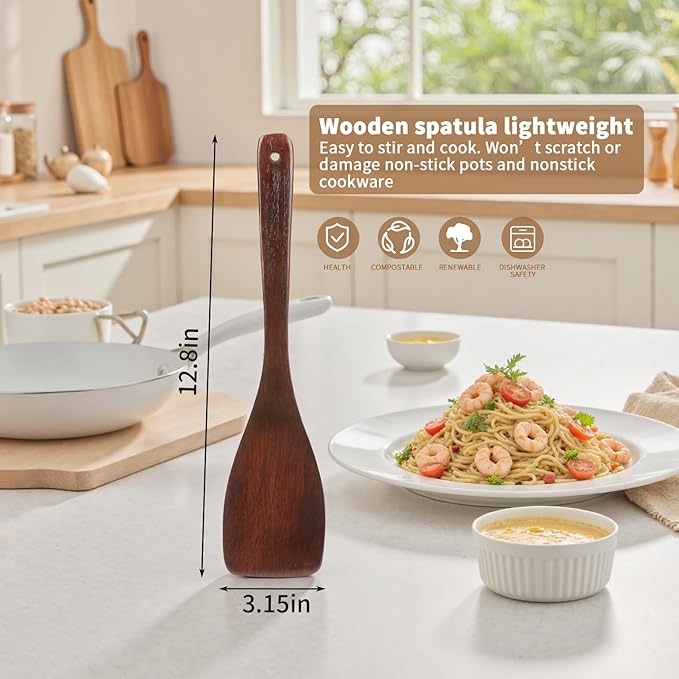 Wooden Spatula for Cooking, Long Handle Flat Spatulas for Frying Pan, Good Grips Left and Right Hand Wood Turner for Cooking Kitchen Utensils