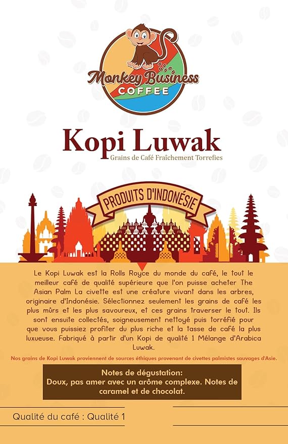 Monkey Business Coffee - Wild Kopi Luwak Coffee Whole Beans - Sustainably Sourced (from Indonesia) - 500 Grams