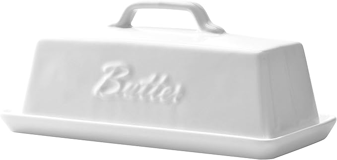 Bruntmor Ceramic Butter Dish With Lid. Butter Holder/ Tray/ Storage With Lid And Handle. Porcelain Butter Keeper For Countertop. Butter Dish With Cover In White Color.