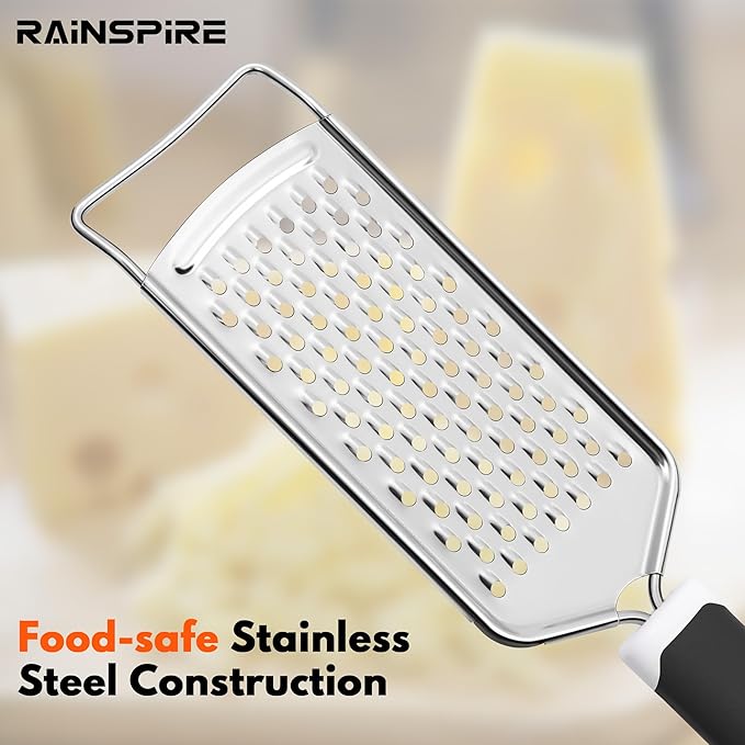 Rainspire Professional Cheese Graters for Kitchen Stainless Steel Handheld, Metal Lemon Zester Grater With Handle For Cheese, Chocolate, Spices, Kitchen Gadgets And Tools, Soft Grip Handle, Black
