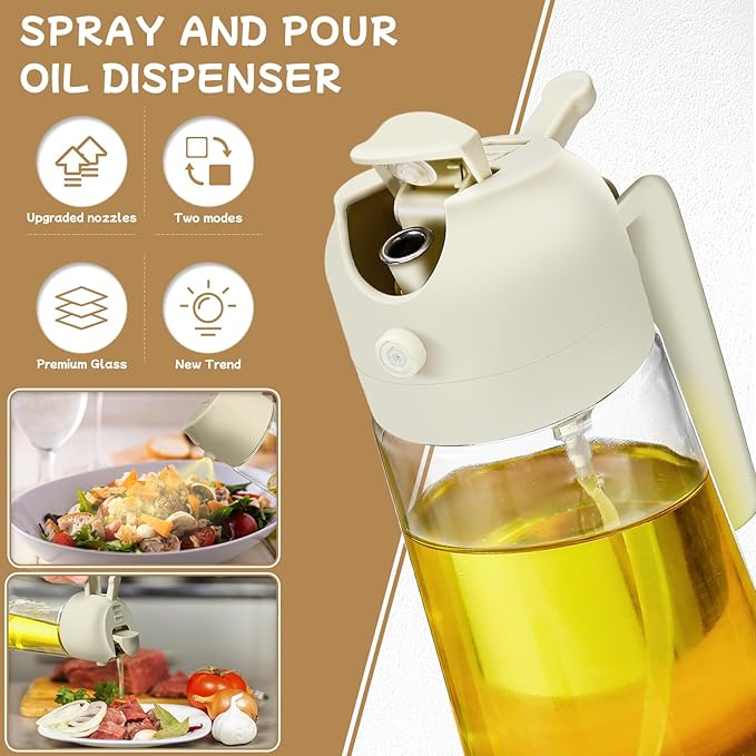 Oil Sprayer for Cooking 2pcs,2 in 1 Oil Dispenser and Oils Sprayer Kitchen Gadgets-16oz Glass Oils Spray Bottle,Mist Olive OilDispenser,Air Fryer,Salad,Grill (White Kitchen Accessories)
