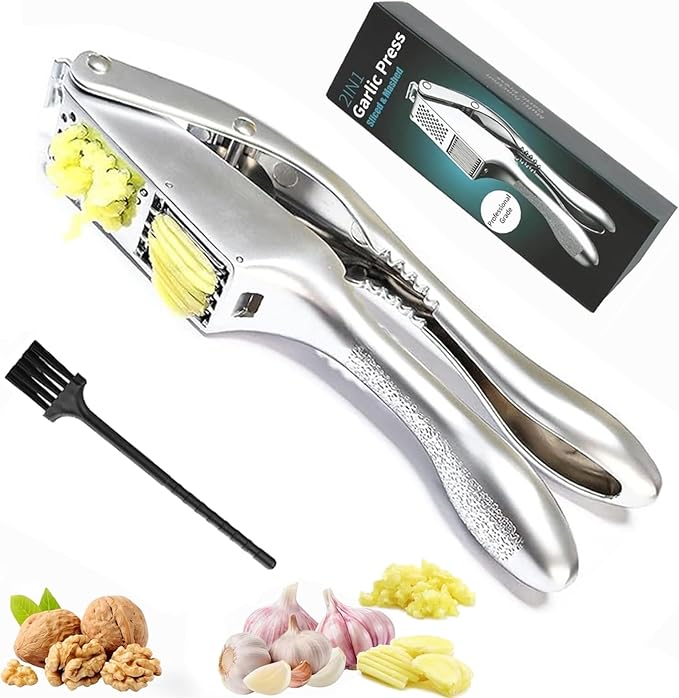 Garlic Press and Slicer 2 in 1, Rust Proof & Dishwasher Safe Professional Garlic Mincer Tool, Effortlessly Crush and Mince Garlic with this Ergonomic Handle-Garlic Slicer & Brush ANCQMI(Pear white)