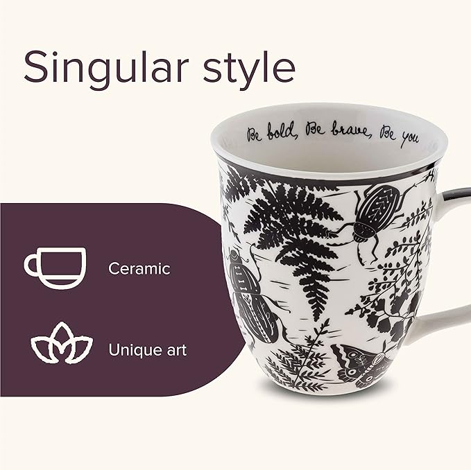 Karma Gifts 16 oz Black and White Boho Mug Beetle - Cute Coffee and Tea Mug - Ceramic Coffee Mugs for Women and Men