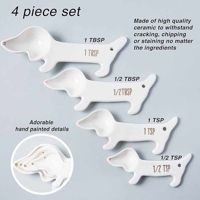 VOTUM White Dachshund Ceramic Measuring Spoon Set – Set of 4 Cute Weiner Dog Themed Kitchen Baking Tools – Gift for Dog Lovers