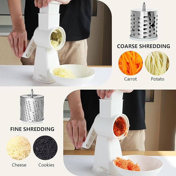 4-in-1 Rotary Cheese Grater Handheld, Lightweight Body with 4 Stainless Steel Blades & Non-Slip Suction Base, for Shredding Parmesan, Slicing Vegetables, Grating Chocolate（White）