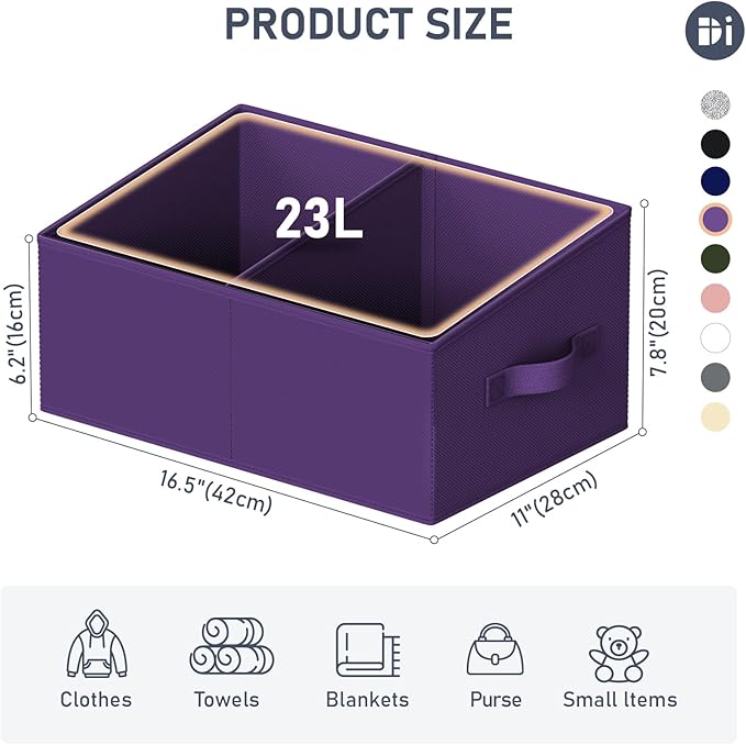 DIMJ Large Closet Shelf Organizer Bins 6 Packs with Handles and Divider, Fabric Trapezoid Storage Baskets, Foldable Clothes Containers Box for Shelf, Towel, Book, Toy, Purse, Hats, Purple