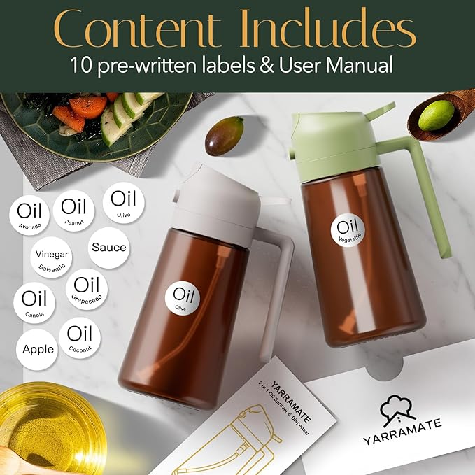 YARRAMATE 16oz/470ml Light Blocking Oil Sprayer for Cooking with Stickers, Food-Grade 2 in 1 Olive Oil Dispenser Bottle for Kitchen,Dark Amber Glass Oil Bottle for Air Fryer, BBQ (LotusRootPink)