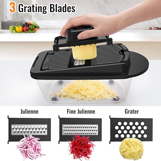 8 Blade All-in-1 Vegetable Chopper Mandoline Slicer with Container, Food Chopper, Onion Chopper, Veggie Cutter for Salad, Kitchen Gadgets Accessories Essentials, Black