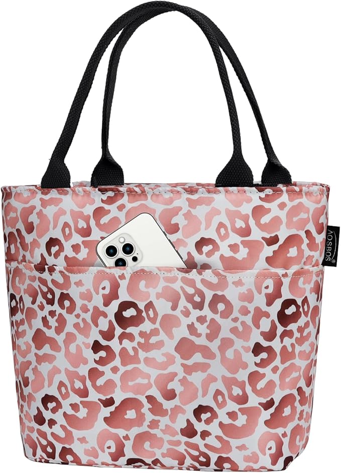 Aosbos Lunch Tote Bag, Insulated Lunch Box for Women, Leakproof Lunch Cooler Purse for Work, Pink Leopard Print