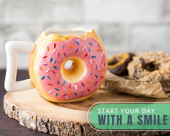 Comfify Ceramic Donut Mug – Pink Glaze with Sprinkles – Funny “MMM... Donuts!” Quote – 14 oz Coffee Cup for Tea, Hot Chocolate, and More – Giftable Novelty Drinkware