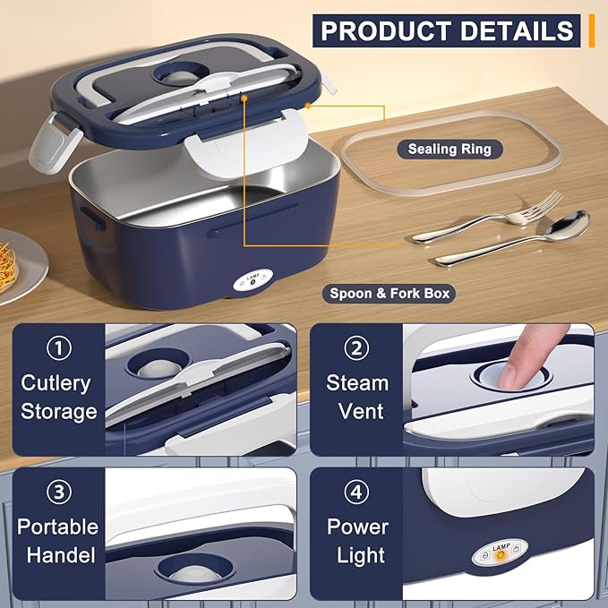 Monteka Electric Lunch Box Food Heater - Leakproof Portable Food Warmer heated lunch box for adults for Car/Home/Truck with 1.5L Removable Stainless Steel Container, 60W, 12V/24V/110V, DarkBlue