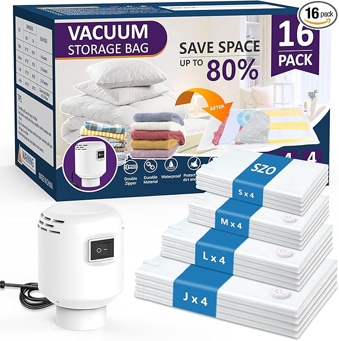 SZO 16 Pack Vacuum Storage Bags With Electric Air Pump,(4 Jumbo/4 Large/4 Medium/4 Small) Vacuum Seal Bags For Clothing Travel, Space Saver bags For Luggage, Blankets,Bedding,Moving Bags