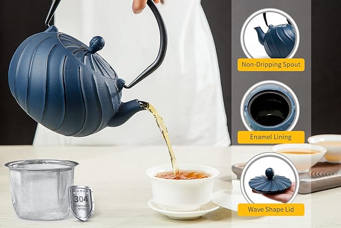 Tea Kettle, TOPTIER Japanese Cast Iron Teapot with Stainless Steel Infuser, Cast Iron Tea Kettle for Stove Top, Wave Design Teapot Coated with Enameled Interior for 30 Ounce (900 ml), Navy Blue