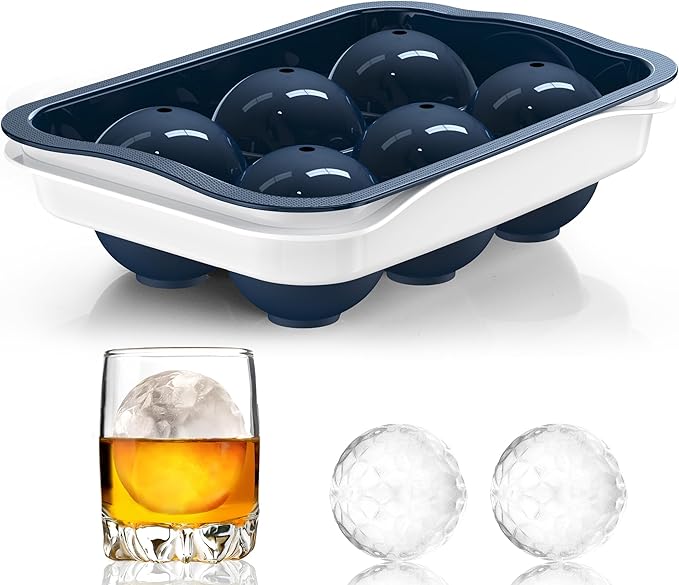 Whiskey Ice Ball Maker, [Fill without Funnel & Easy Release] 2.2'' Round Large Iced Cube Trays with Cover, Reusable Sphere Silicone Ices Tray with Lids for Bourbon, Gift for Brandy Lover