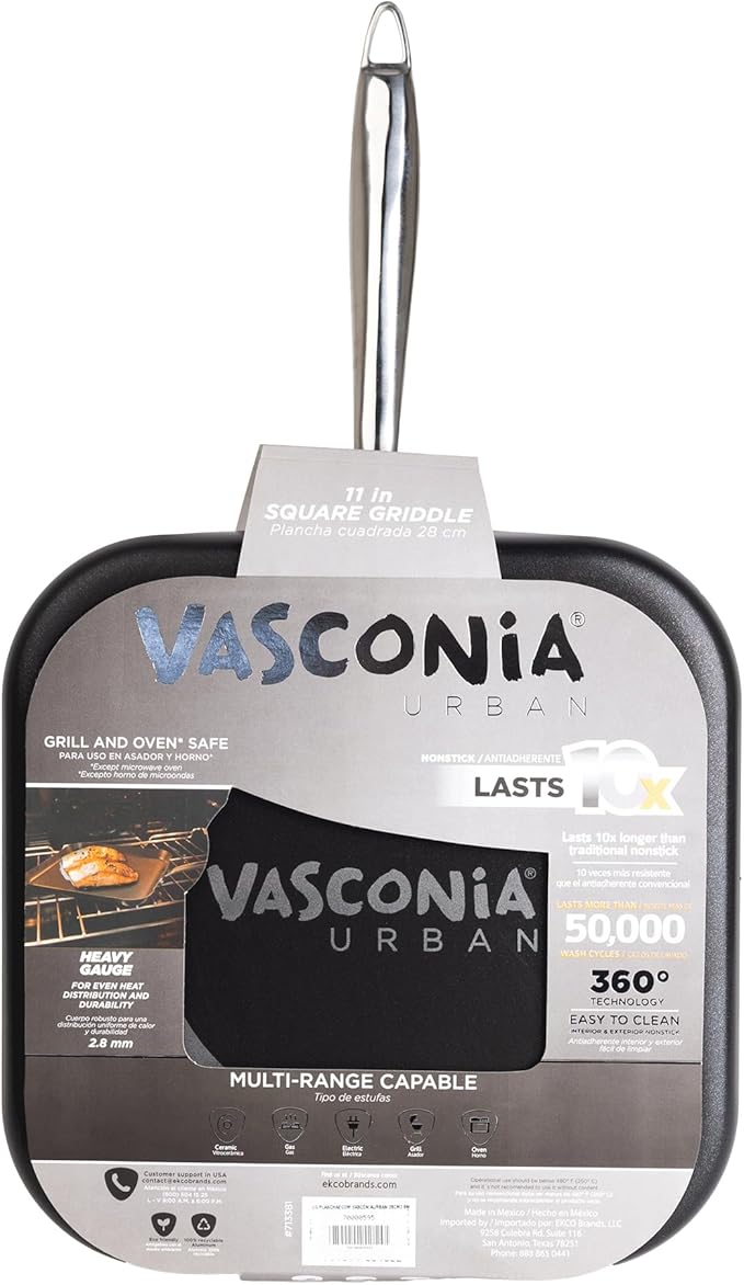 Vasconia Urban 11" Square Nonstick Griddle Pan - Home and Commercial Kitchen Cookware, Dishwasher and Oven Safe Up to 475°F - Made in Mexico Aluminum Griddle Pan for Stove Top with Fast-Cooling Handle