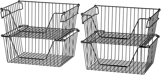 Slideep Wire Storage Baskets for Organizing, 4 Pack 14'' Stacking Metal Wire Freezer Organizer Bins with Handles, Large Pantry Baskets for Kitchen Cabinets, Bathroom, Laundry, Garage, Black