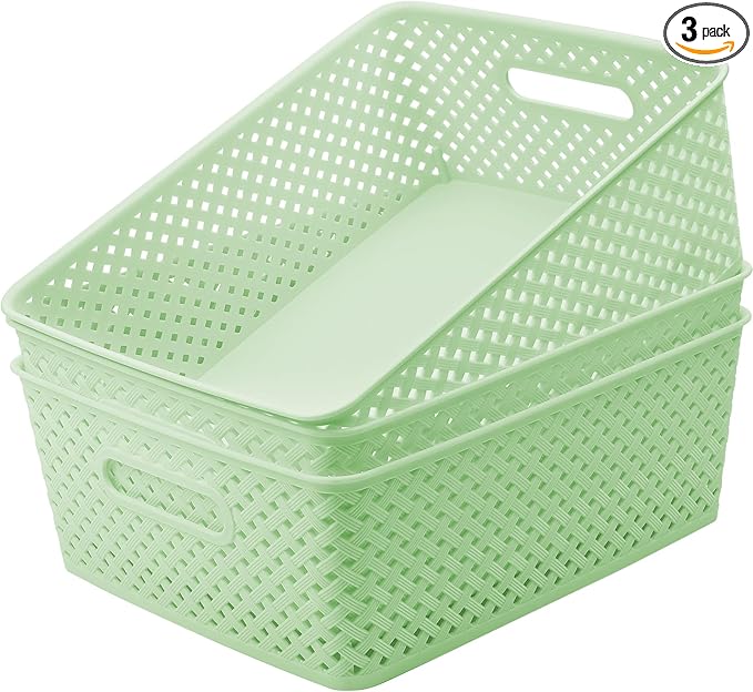MaxGear Organization and Storage 3 Packs, Plastic Bins Organizer Bins, Woven Baskets for Storage, Plastic Baskets with Handles, Green Basket for Organizing, Basket Organizer for Home and Office, Large