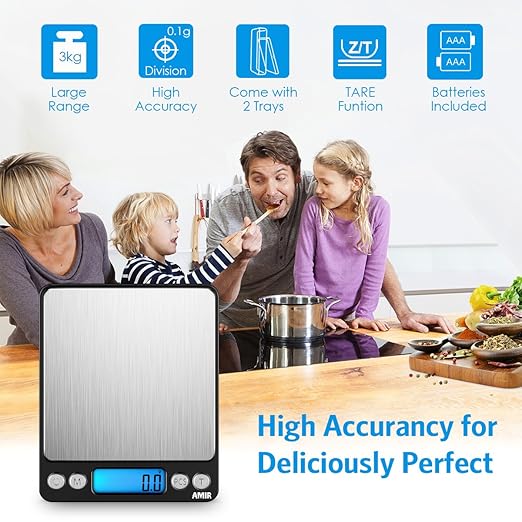 AMIR Digital Kitchen Scale, 3000g 0.01oz/0.1g Pocket Cooking Scale, Mini Food Scale, Pro Electronic Jewelry Scale with Back-Lit LCD Display, Tare & PCS Functions, Stainless Steel, Black