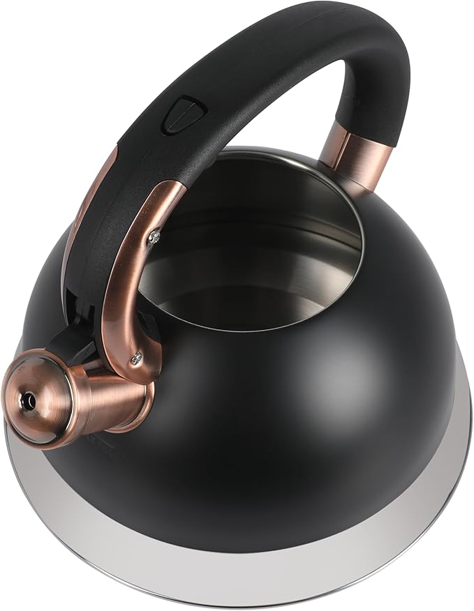 Mr. Coffee Flintshire 2.2 Quart Large Whistling Stainless Steel Tea Kettle, Matte Black with Copper Accent, Stovetop Fast-Boil Tea Pot