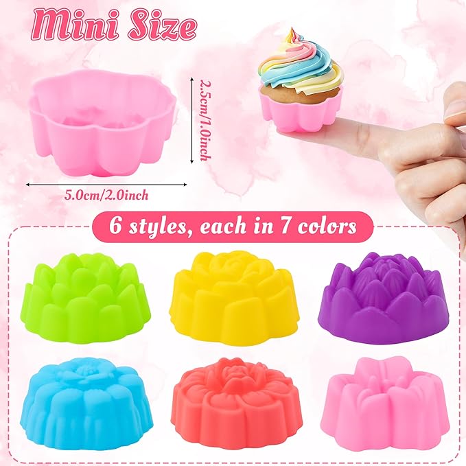 R HORSE Mini Silicone Cupcake Molds - 42Pcs 2 Inch Muti-color Flower-shaped Baking Cups, Reusable Non-Stick Muffin Baking Cups Cupcake Wrappers for Pudding Dessert Donut Oven Dishwasher Microwave Safe