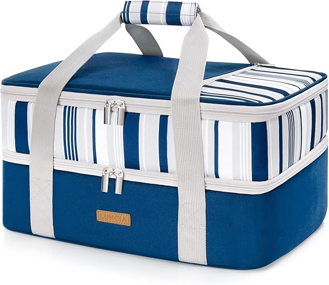 LUNCIA Double Decker Insulated Casserole Carrier for Hot or Cold Food, Lasagna Holder Tote for Potluck Parties/Picnic/Cookouts, Fits 9"x13" Baking Dish, Blue