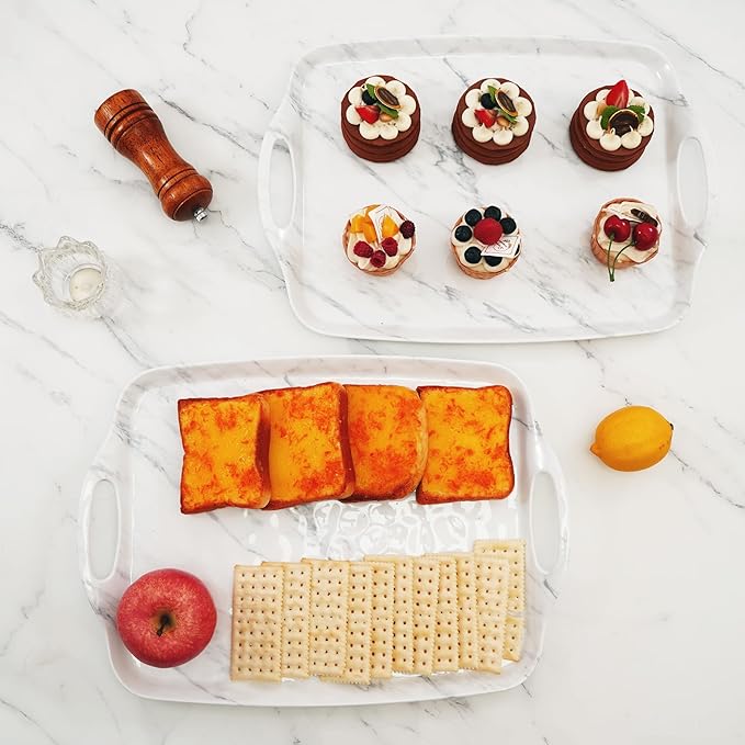 TP Serving Trays with Handles, 17 x 12 Inch Melamine Serving Platters for Food, Meat, Set of 2 Rectangular Trays for Eating, White Marble