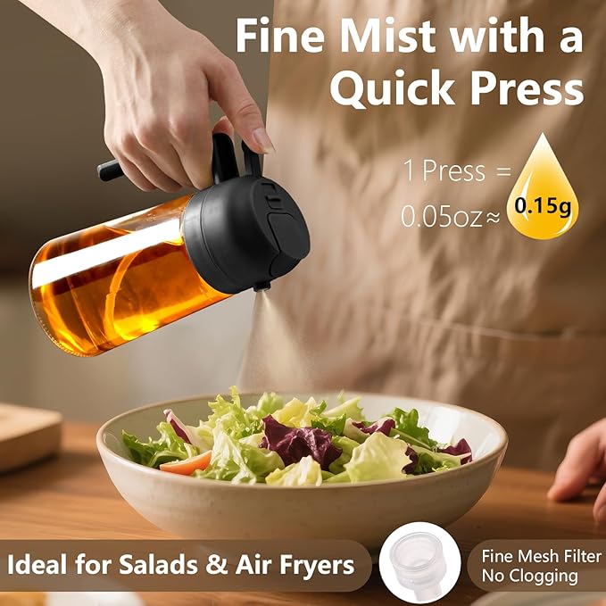 2PCS Oil Sprayer for Cooking, 470ml 2 In 1 Sprayr & Pour, Glass Olive Oil Dispenser Pourer for Kitchen, Air Fryer, Cooking, Salad, BBQ (Black,Black)