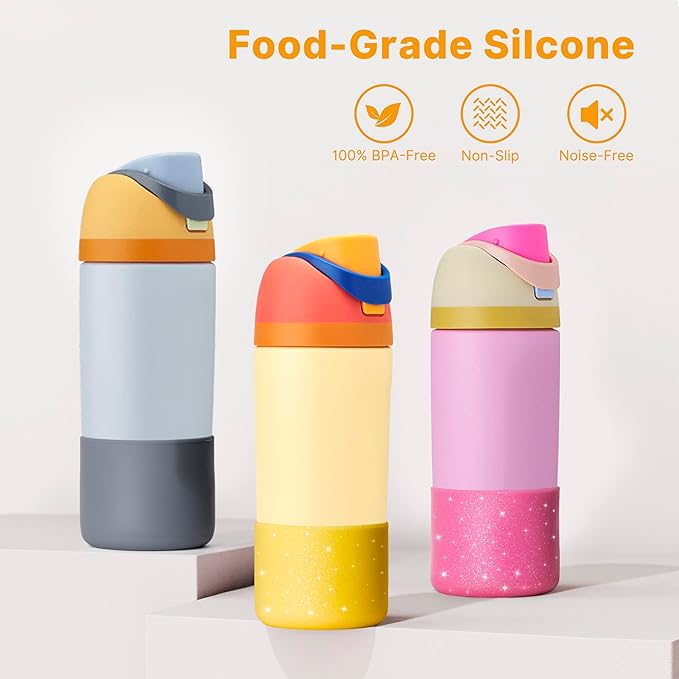 Silicone Water Bottle Boot for Owala 14/16oz, Anti-Slip Protective Sleeve Bottom Bumper Protector for Owala Kids 12 oz Tumbler, Flip 14 oz and FreeSip 16 oz Water Bottle (Glitter Rose Red)